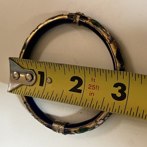 Vintage Cloisonné Blue Gold Floral Motif Enamel Hinged Bangle Bracelet - Picture 11 of 16
